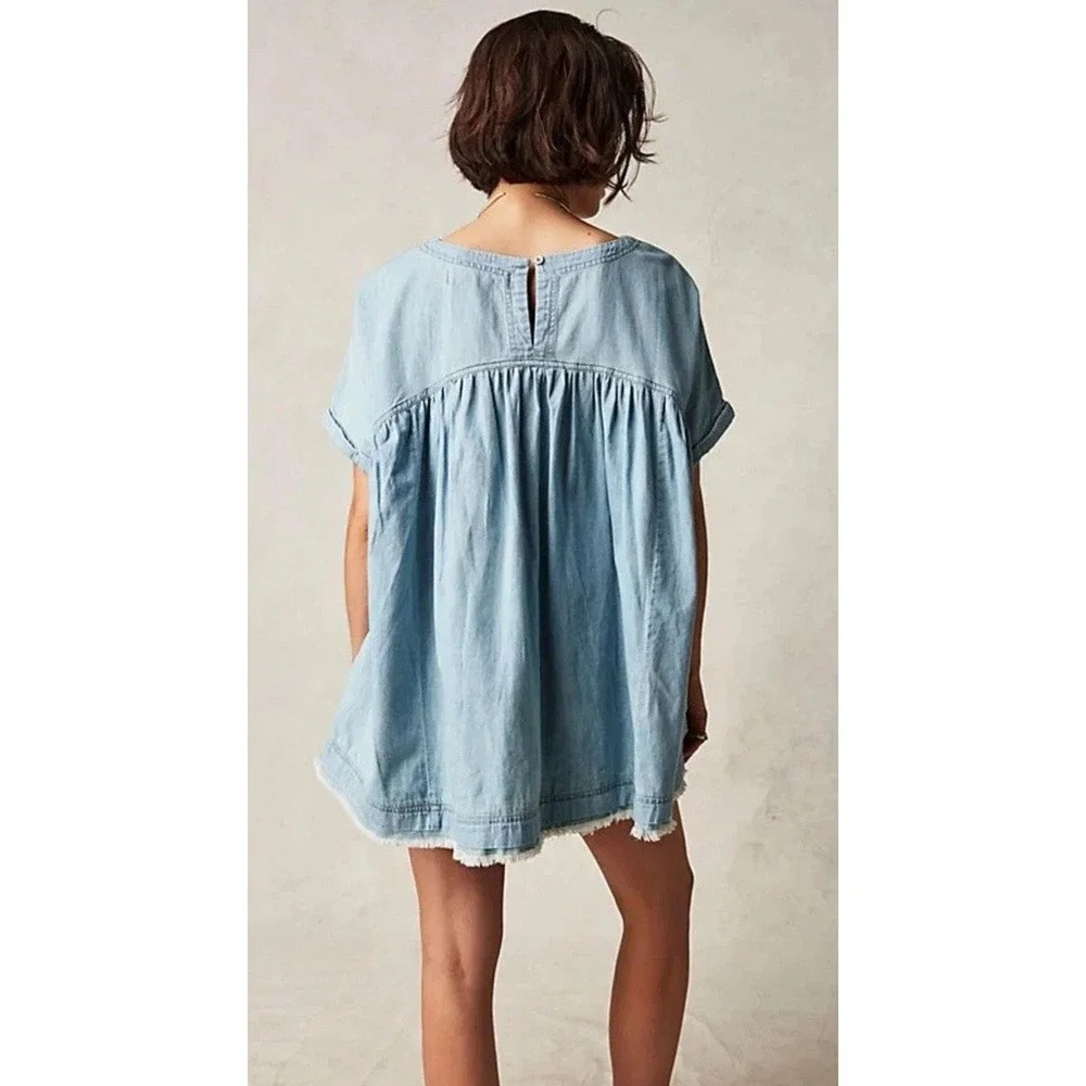 NWT FREE PEOPLE We The Free - Moon City Denim Oversized  Boho Top Women's Size S